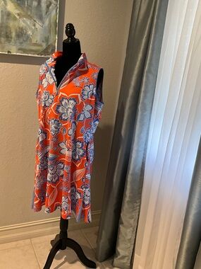 Sport Haley Orange Floral Midi Dress with Blue and White Pattern